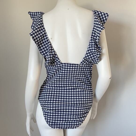NWT J.Crew Gingham Ruched Ruffle One-Piece Swimsuit Womens Size 12 Blue White - Picture 7 of 12